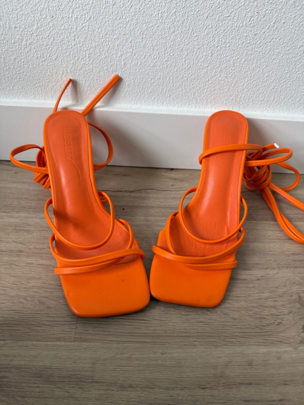 Meshki Neon Orange Strappy Square-Toe Heeled Sandals